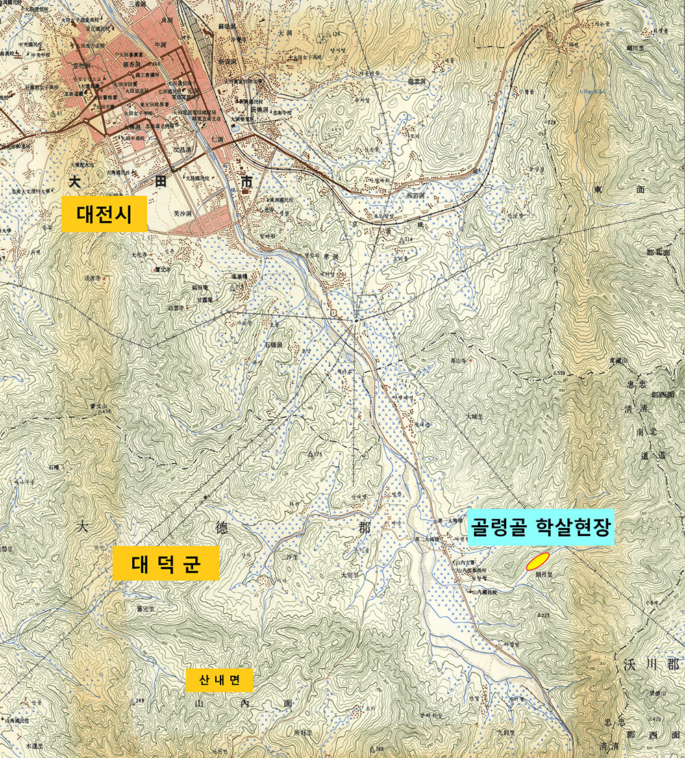 1965년 지도에 나타난 대덕군 산내면 낭월리 골령골 학살현장 위치. 대전시내와 멀지 않은 거리이다. @국토정보맵